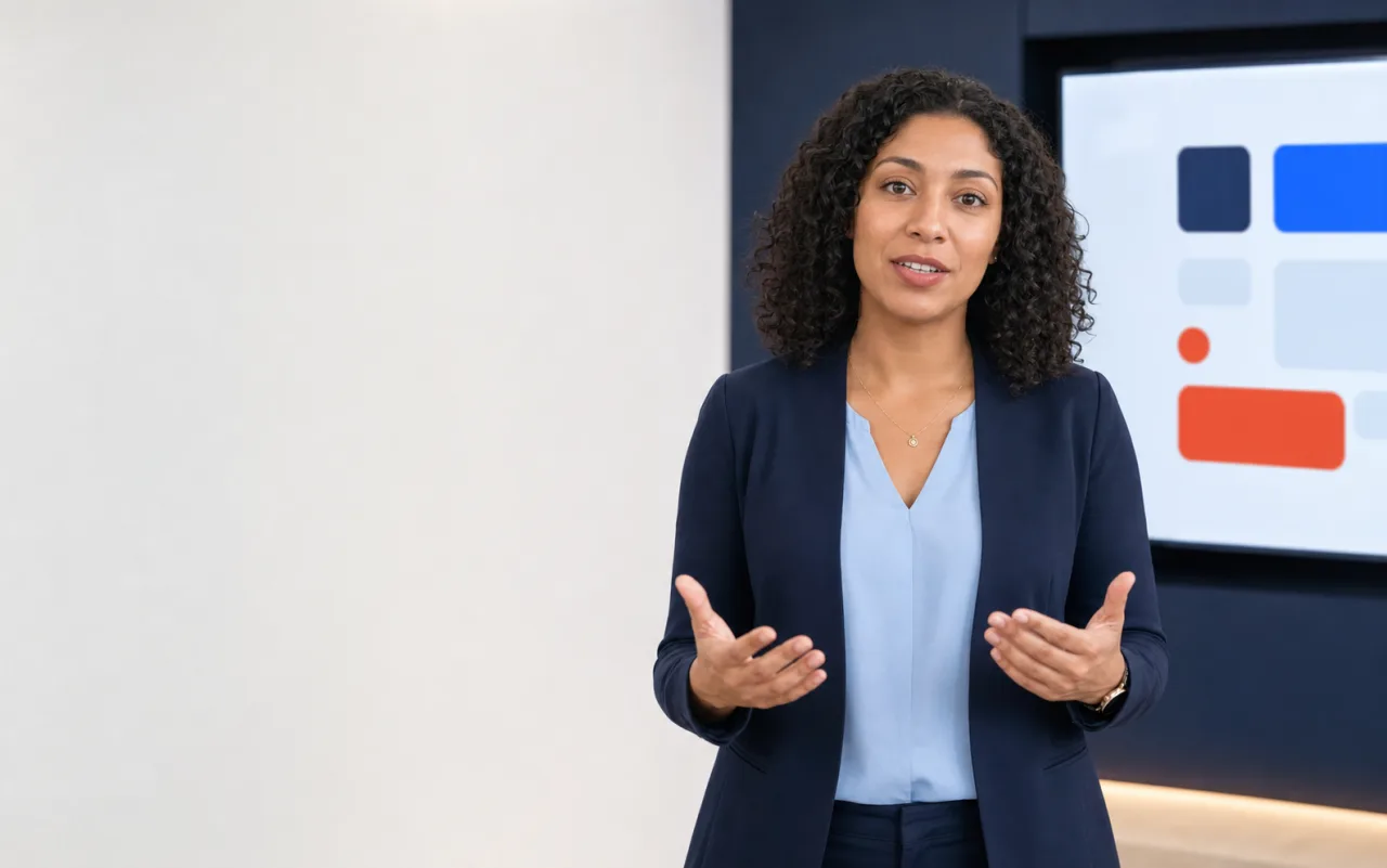 Presenter standing beside an employee-training screen