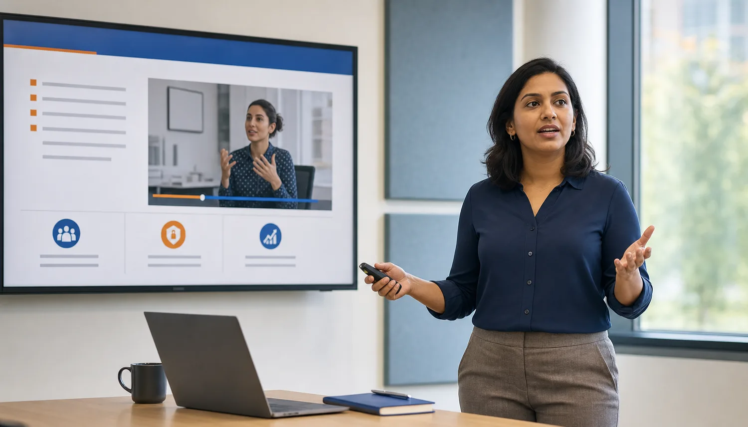 Training professional presenting an onboarding lesson beside a video preview