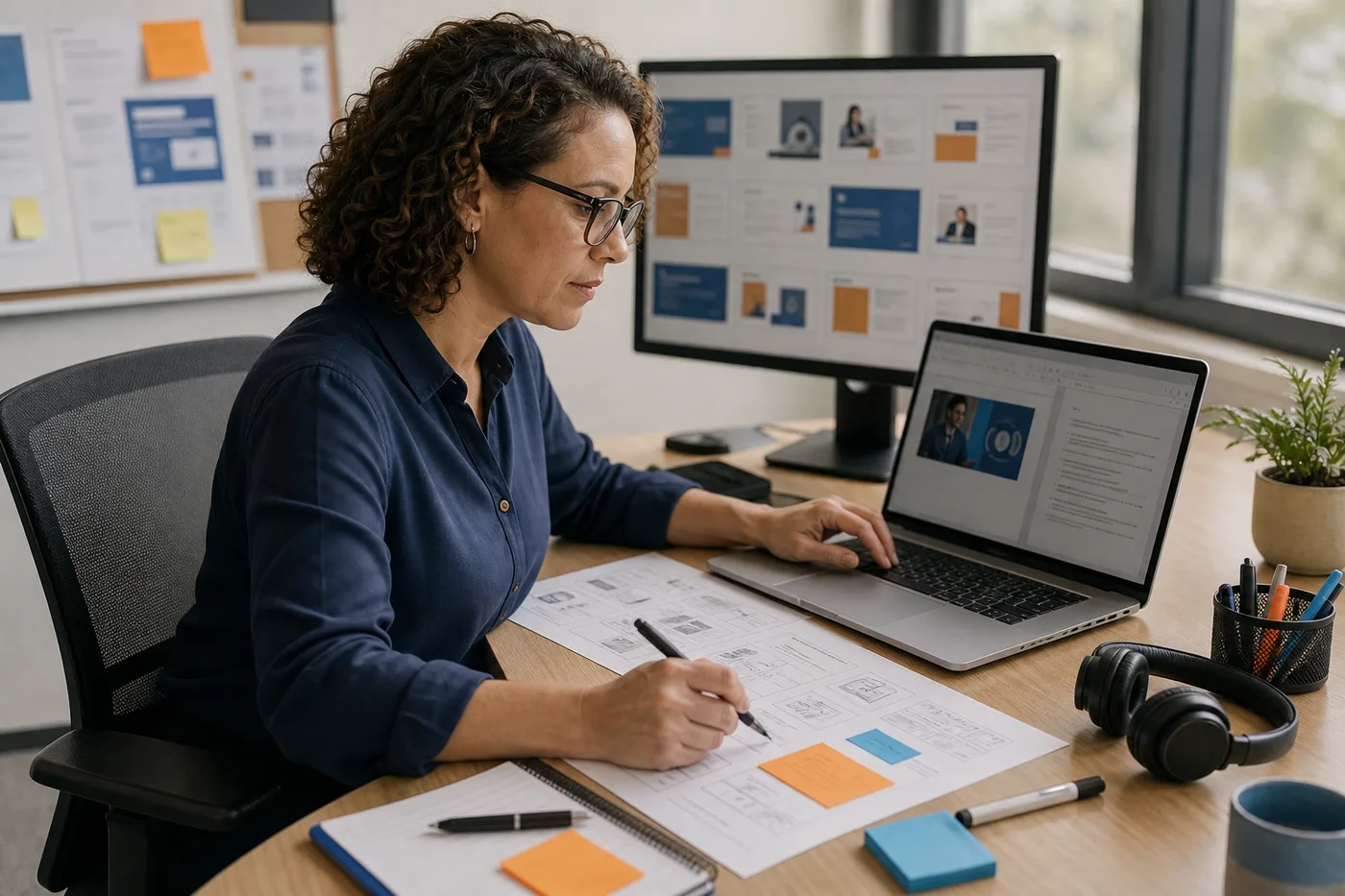 Learning and development manager reviewing a training deck, speaker notes and storyboard