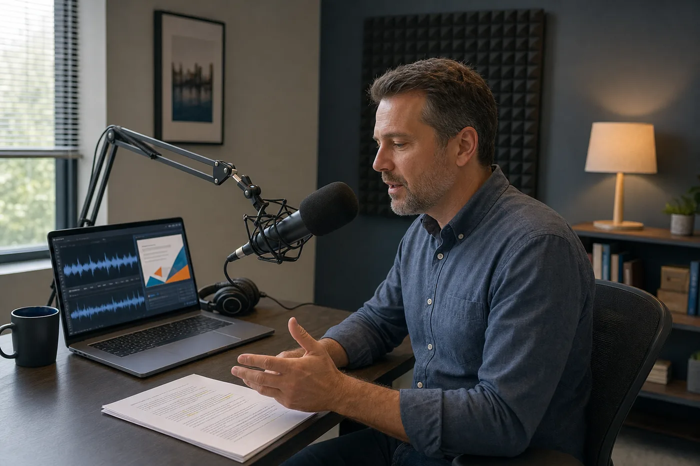 Subject-matter expert recording an approved narration in a controlled office setup